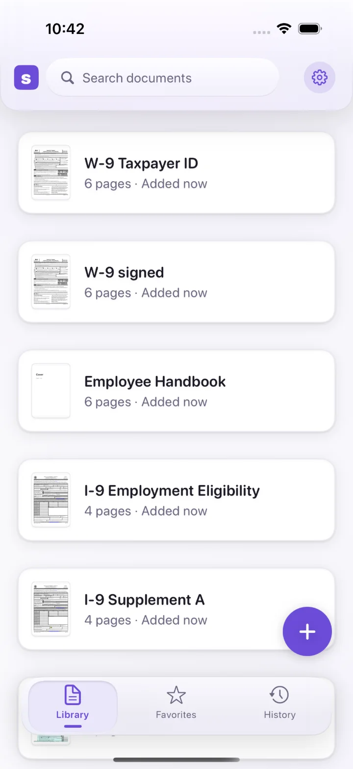 The library: a list of forms with thumbnails, search at the top
