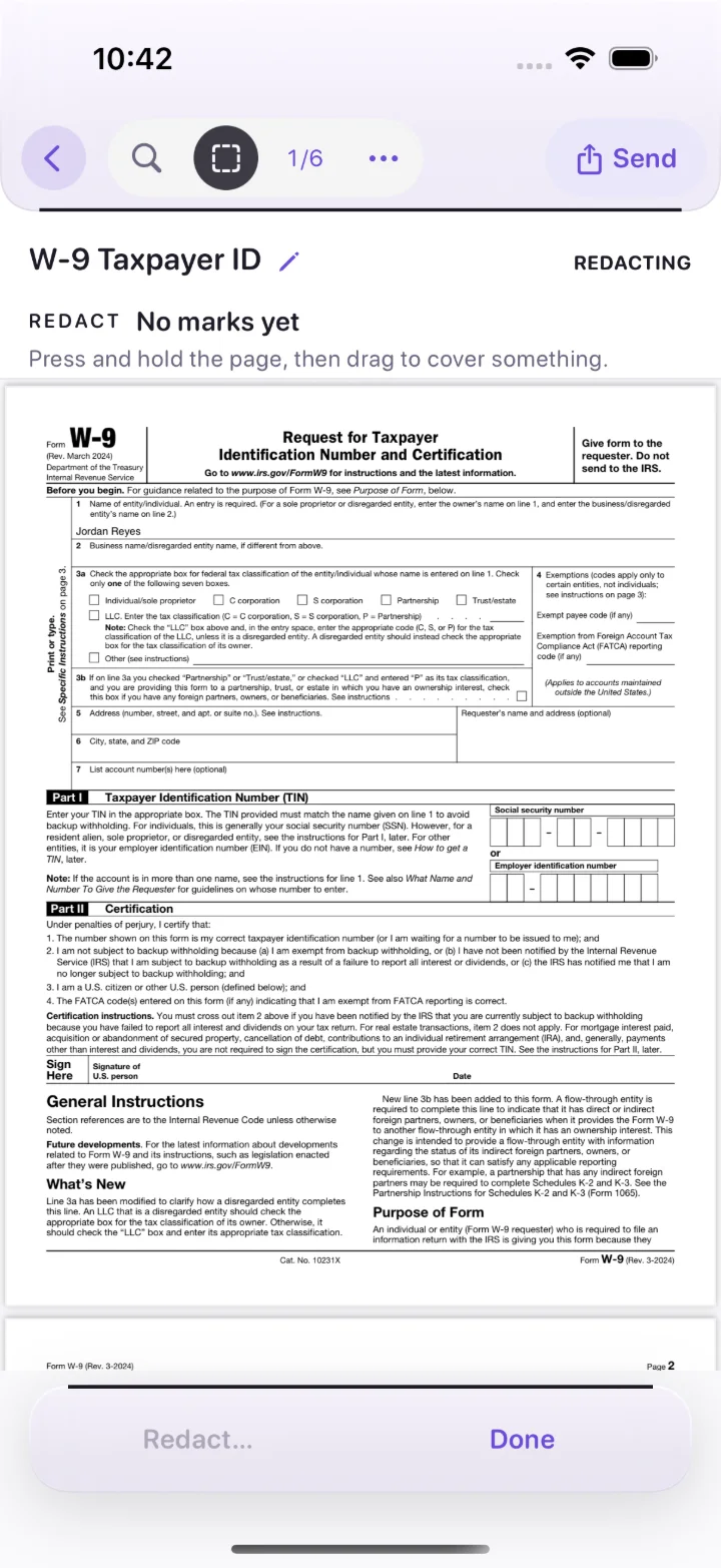 Redact mode over a document, with the count of marked areas